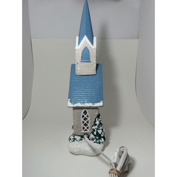 Vintage Ceramic Light Up winter Church Village Blue Steeple Stained Glass Look - Picture 8 of 16